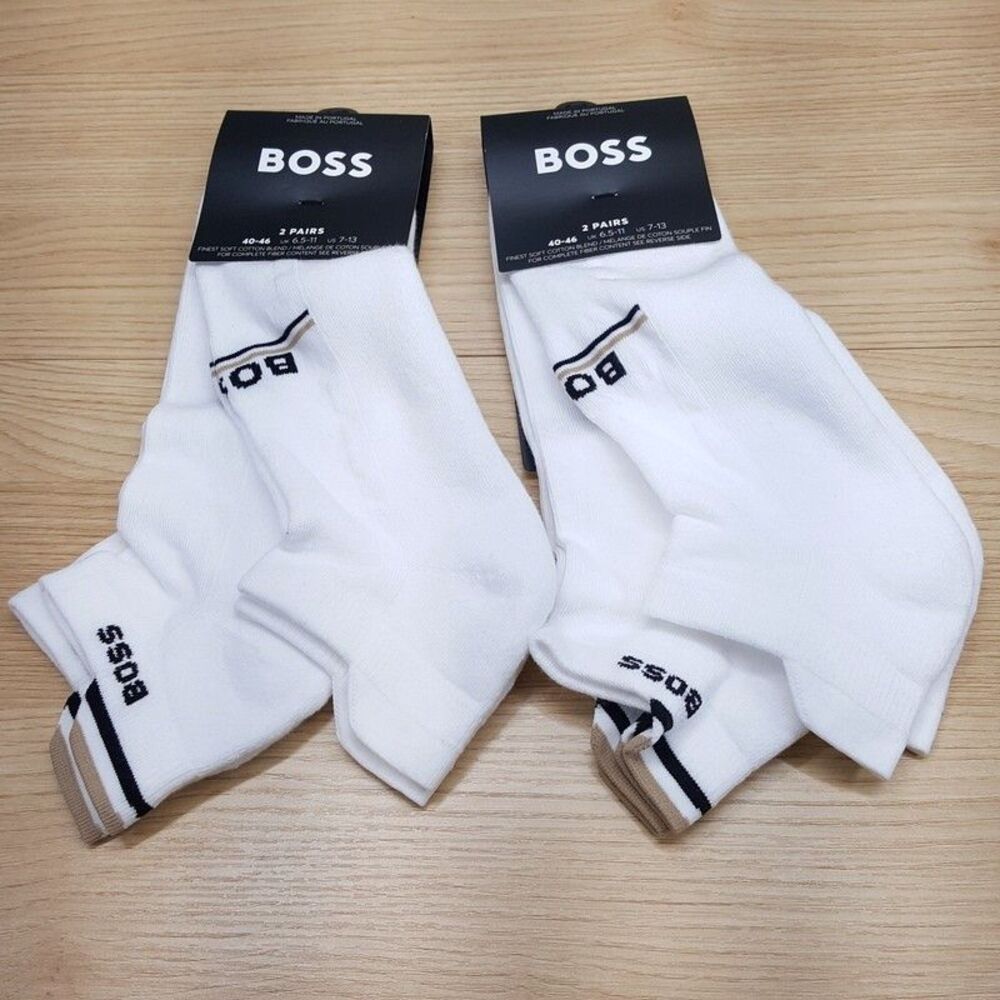 HUGO BOSS Low Cut Ankle Socks Mens 7-13 White 4-Pair Solid Logo Cotton Blend